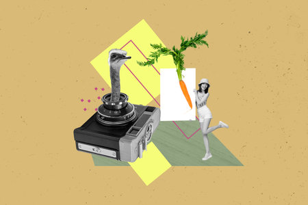 Creative magazine collage image of funny lady feeding vegetable ostrich isolated beige color backgroundの写真素材