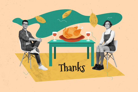 Greeting picture collage of beautiful couple spending time together romantic dinner isolated on drawing backgroundの写真素材