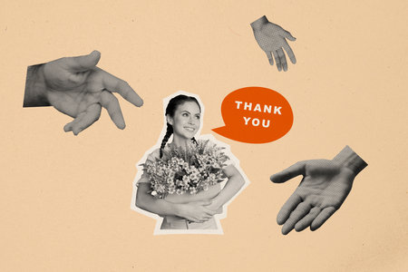 Creative collage banner poster of charming beautiful lady celebrate festive thanksgiving day speak thank you for helpers relatives peopleの写真素材