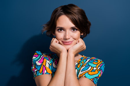 Portrait of attractive cute girlish brown haired sweet lovely woman wear retro top touching cheeks...