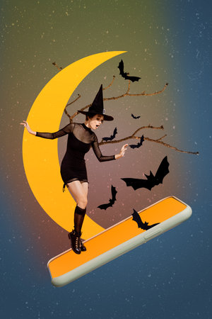 Vertical photo collage screenshot funny young girl festival halloween sale evil shopping phone...