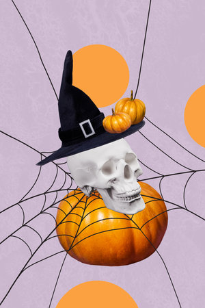 Vertical collage image of dead human head skull witch headwear spider web pumpkin isolated on violet color backgroundの写真素材