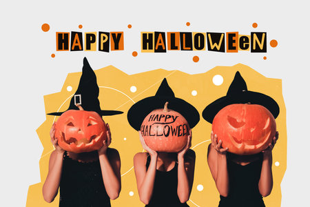 Creative collage image of three female costume witches cover hide face pumpkin head happy halloween party decoration conceptの写真素材