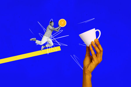 Creative composite photo abstract collage of active funny man throw orange like ball in big white...