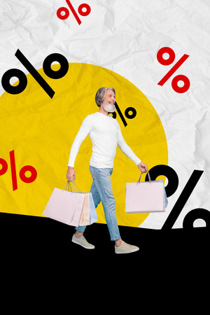 Magazine collage of excited funky mature guy walking black friday shopping isolated drawing backgroundの写真素材