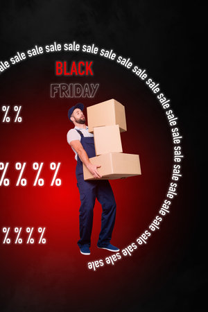 Vertical collage image of delivery man hold pile stack packages courier received your black friday orders isolated on red backgroundの写真素材