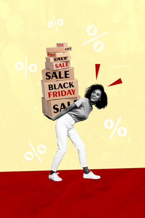 Exclusive brochure magazine collage sketch image of lady holding pile carton boxes many orders from internet isolated on yellow backgroundの写真素材