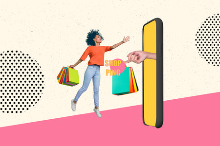 Creative collage of excited mini girl jump huge smart phone display arm finger hold shop bags limited time only super dealの写真素材