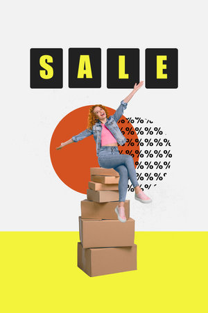Poster collage image of funky positive girl order goods clothes online low price total sale isolated on drawing backgroundの写真素材