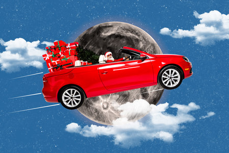 Banner poster 3d collage of cool funky santa claus or saint nicholas fantasy character delivering gifts by fast car flying in starry skyの写真素材