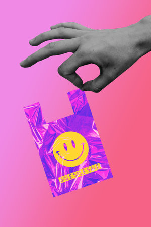 Picture collage poster banner of human arm fingers hold neon stylish plastic bag isolated on gradient drawing pink color backgroundの写真素材
