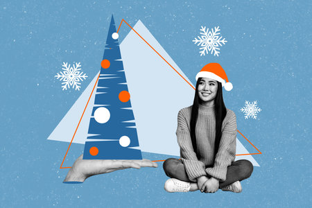Banner picture collage of cute lovely girl sitting decorating christmas tree fir isolated on painted backgroundの写真素材