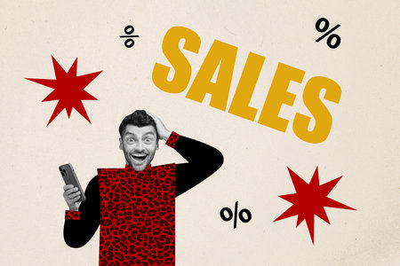 Composite collage funny reaction young man wear leopard print shirt surprised hand head smartphone crazy sales isolated on beige backgroundの写真素材