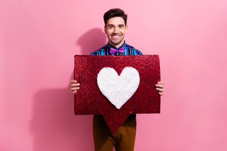 Portrait of classy funky person beaming smile arms hold large like notification collage isolated on...