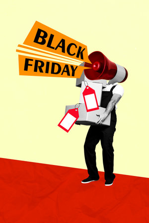 Creative collage of courier carry boxes black friday deals with empty labels announce megaphone sale starts isolated on yellow backgroundの写真素材