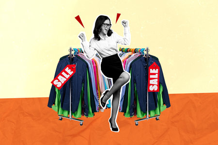 Promo billboard collage funky business lady celebrate shopping day sale customer find hanging formal shirts isolated on yellow backgroundの写真素材