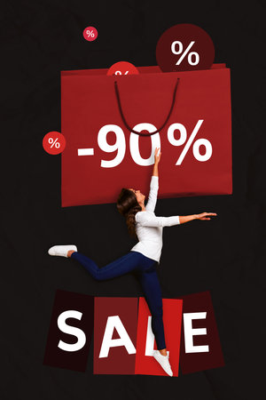 Creative template collage image of funky excited carefree lady exciting big sale isolated black color backgroundの写真素材
