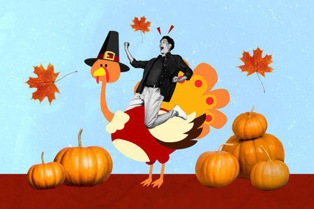 Collage picture of black white colors mini excited guy ride drawing turkey raise fists pumpkin flying leaves isolated on blue backgroundの写真素材