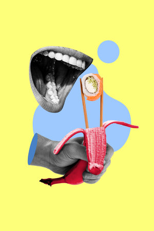 Creative 3d collage poster of human mouth holding banana enjoying sushi chopsticks tasty philadelphia roll isolated on yellow backgroundの写真素材