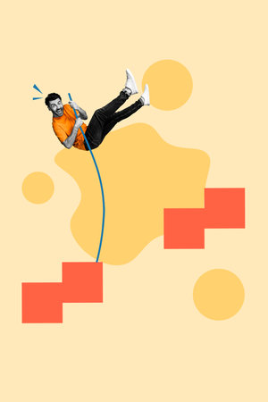 Vertical creative composite sketch illustration photo collage of funny man going up rope instead of ladder isolated on drawing backgroundの写真素材