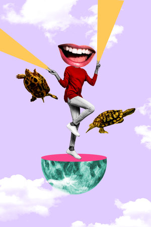 Vertical collage picture of black white colors person stand half moon show v-sign big smiling mouth instead head flying turtles violet clouds skyの写真素材
