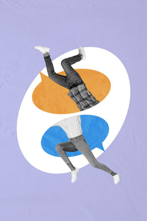 Image collage picture of unknown unusual people discussing news jumping into portal isolated on painted backgroundの写真素材