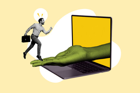 Collage 3d image of pinup pop monochrome illustration running confident business programmer inside laptop isolated on yellow backgroundの写真素材