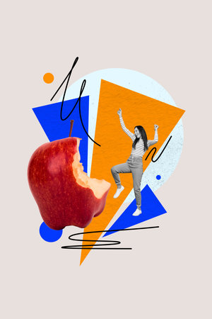 Vertical collage illustration of funky girl diet lunch bite huge red apple healthcare nutrition and dancing isolated on abstract backgroundの写真素材