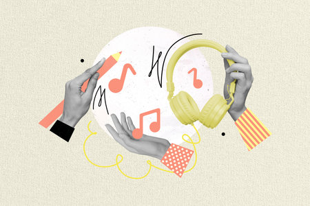 Creative composite template photo collage of human hands hold headphones draw music notes listen playlist isolated on painted backgroundの写真素材