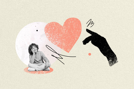 Collage picture of mini black white colors boy dream big arm finger touch painted heart symbol isolated on drawing backgroundの写真素材