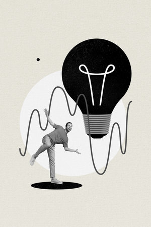 Composite collage image of excited funny young man big electric bulb have fun intellectual brilliant idea employee start upの写真素材