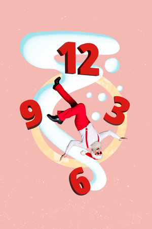 Vertical creative collage image of funny santa claus time clock countdown midnight new year x-mas...
