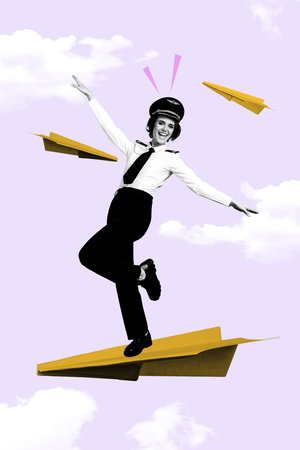 Photo collage of happy young woman in pilot uniform flying wings staying paper aircraft travel around world isolated on clouds backgroundの写真素材