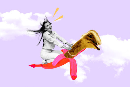 Magazine sketch collage of funky flying young crazy girl riding ostrich bird inside banana peel isolated on purple clouds backgroundの写真素材