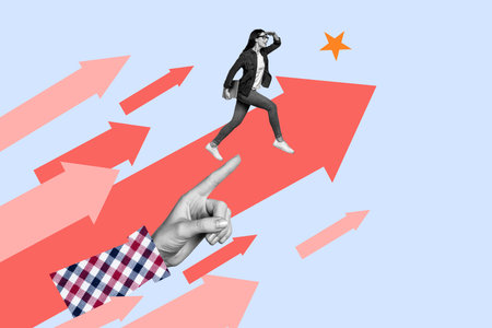 Artwork collage of black white effect arm point finger mini girl hold netbook walk arrow indicator direction star isolated on blue backgroundの写真素材