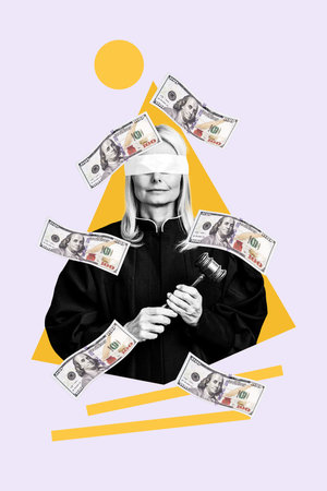 Vertical collage picture of black white colors judge hands hold hammer patch covered eyes flying dollar bills isolated on creative backgroundの写真素材