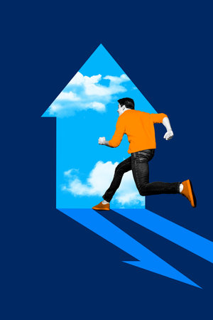 Creative collage picture of positive business guy running into future project startup arrow direction up isolated on blue color backgroundの写真素材