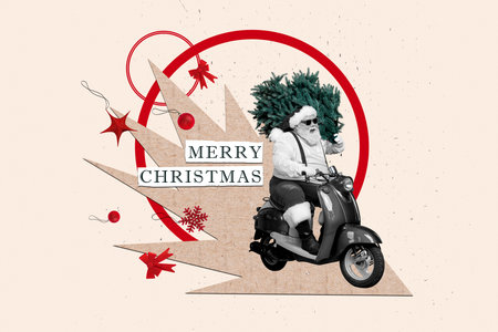 Creative drawing collage picture of funny santa claus scooter tree christmas new year greeting card...