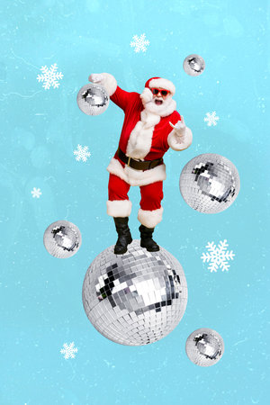 Collage picture of funky saint nicholas wearing sunglasses rock roll music lover dancing on disco ball party isolated on blue backgroundの写真素材