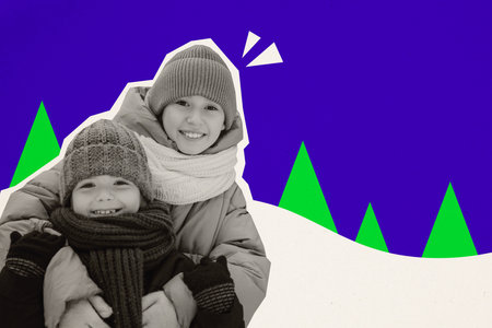 Collage portrait of black white effect two kids cuddle enjoy christmas atmosphere isolated on painted snowy forest backgroundの写真素材