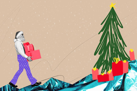 Artwork collage image of black white effect cool santa hold pile stack christmas giftbox walk painted tree isolated on beige backgroundの写真素材
