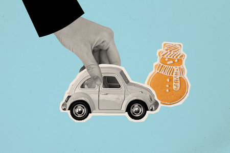 Artwork magazine collage picture of arm playing auto delivering christmas treats isolated blue color backgroundの写真素材