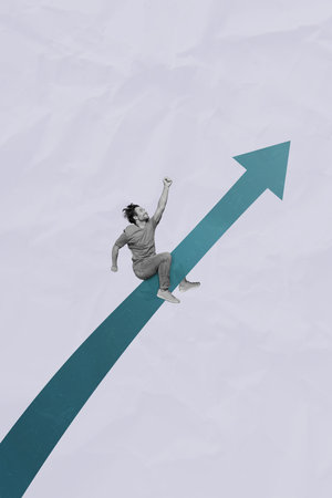 Photo artwork minimal collage picture funky young business guy flying arrow increase up trade...