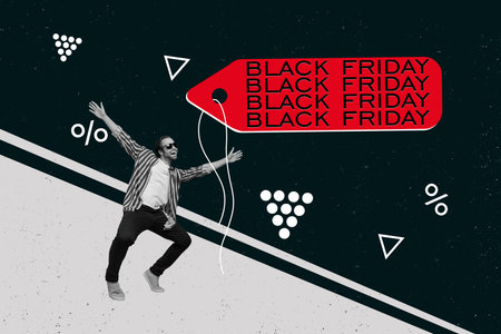 Photo sketch collage art pop illustration of cool macho guy raised hands up black friday price tag coupon isolated on monochrome background