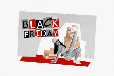 Garment discount collage brochure advertisement of positive funky woman breakdance black friday shipment done isolated on gray backgroundの写真素材