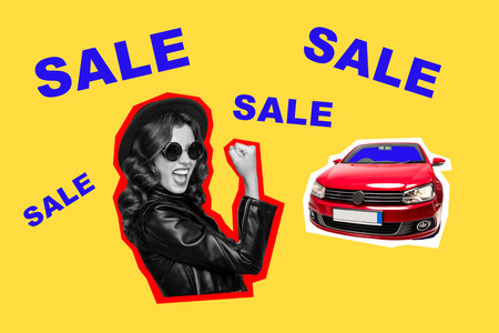 Collage poster billboard of stylish elegant girl showing hand fist shouting yes hooray buy new card isolated on yellow painted backgroundの写真素材