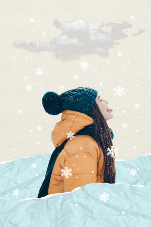 Collage graphics of funky funny girl catching mouth tongue new year snowy weather isolated beige color backgroundの写真素材