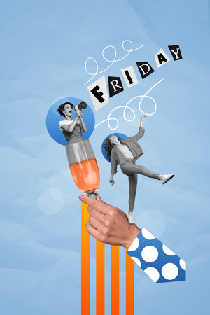 Promo club collage of funky young two girls loudspeaker proclaim announcement friday party drink champagne isolated on blue backgroundの写真素材