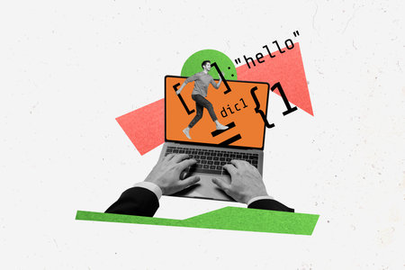Creative poster collage of computer laptop screen coder numbers digital internet program keyboard...