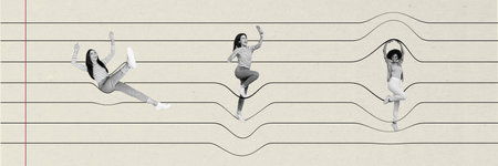 Photo collage artwork minimal picture of carefree ladies having fun between notepad lines isolated...